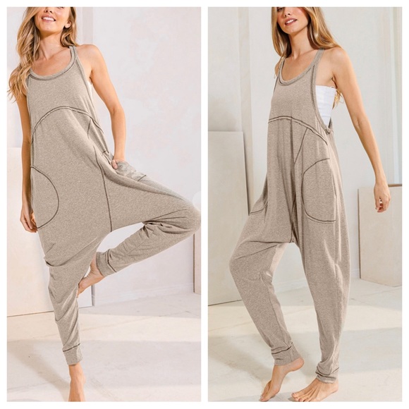 44 Boho Most Comfy Sleeveless Solid Harem Jumpsuit - Picture 1 of 2